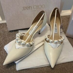 Jimmy Choo Cream Heels with Pearl Embellishments